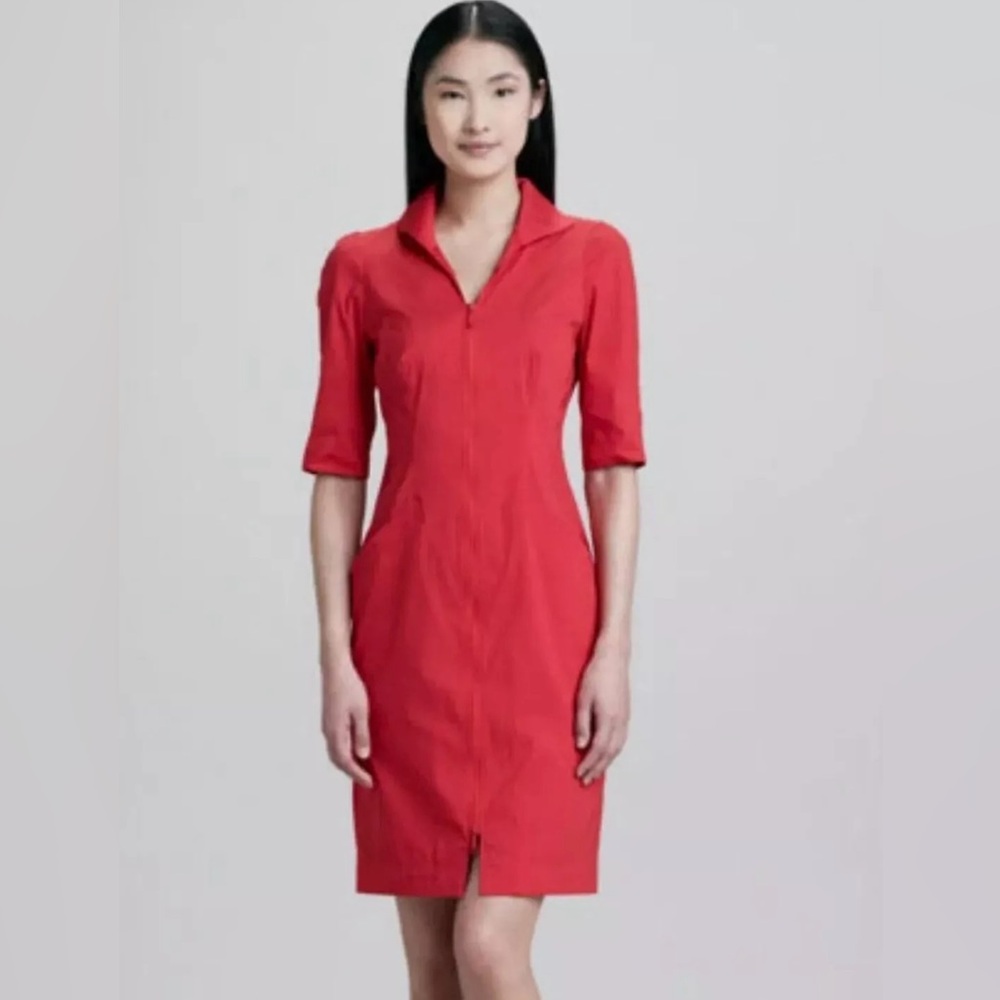 Lafayette 148 NY Shirt Dress Womens 10‎ Red Orange Pleated Short-Sleeve Full-Zip